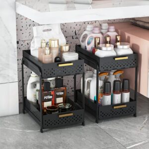 GILLAS 2 Pack 2 Tier Under Sink Organizer and Storage, Farmhouse Under Counter Storage for Kitchen, Under Cabinet Organizer for Bathroom, Sliding Basket Organizer, Black