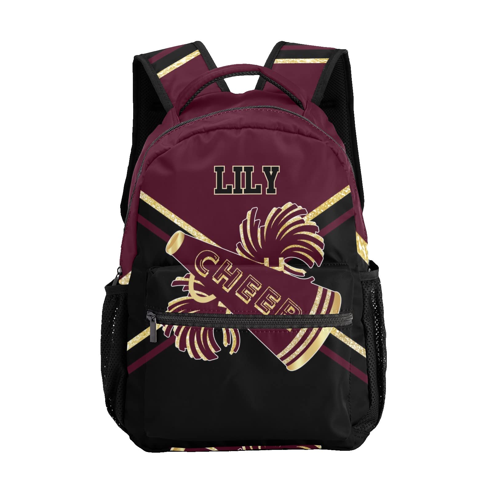 BigBigift Personalized Cheer Brown Black Cheerleaders Waterproof Backpack with Name Text for Women Men Gift, 12.2(L)x5.9(W)x16.5(H)inch