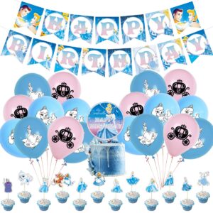 33 Pcs Cinderella Party Supplies,1 Cinderella Backdrop,1 Cake Topper, 12 Cupcake Toppers, 1 Happy Birthday Banner, 18 Balloons for Girls & Boys (5x3FT)