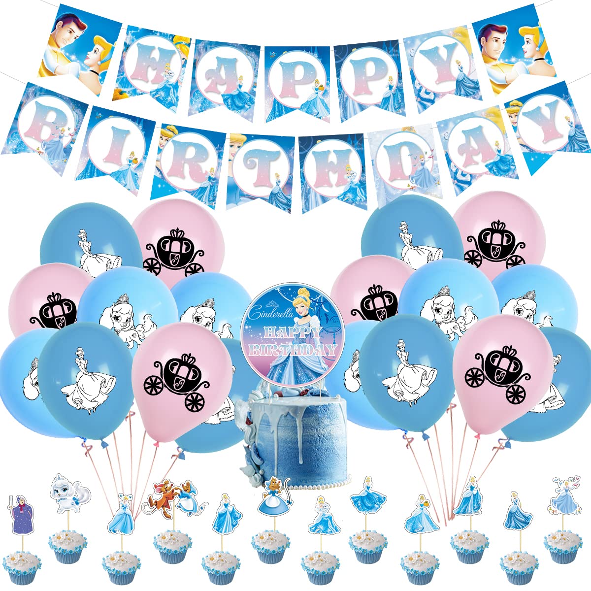 33 Pcs Cinderella Party Supplies,1 Cinderella Backdrop,1 Cake Topper, 12 Cupcake Toppers, 1 Happy Birthday Banner, 18 Balloons for Girls & Boys (5x3FT)