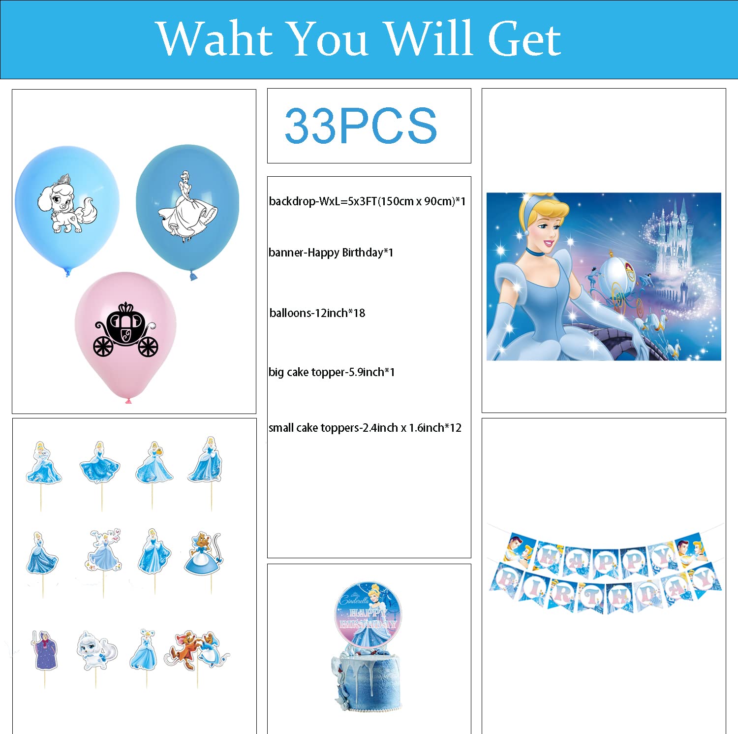 33 Pcs Cinderella Party Supplies,1 Cinderella Backdrop,1 Cake Topper, 12 Cupcake Toppers, 1 Happy Birthday Banner, 18 Balloons for Girls & Boys (5x3FT)
