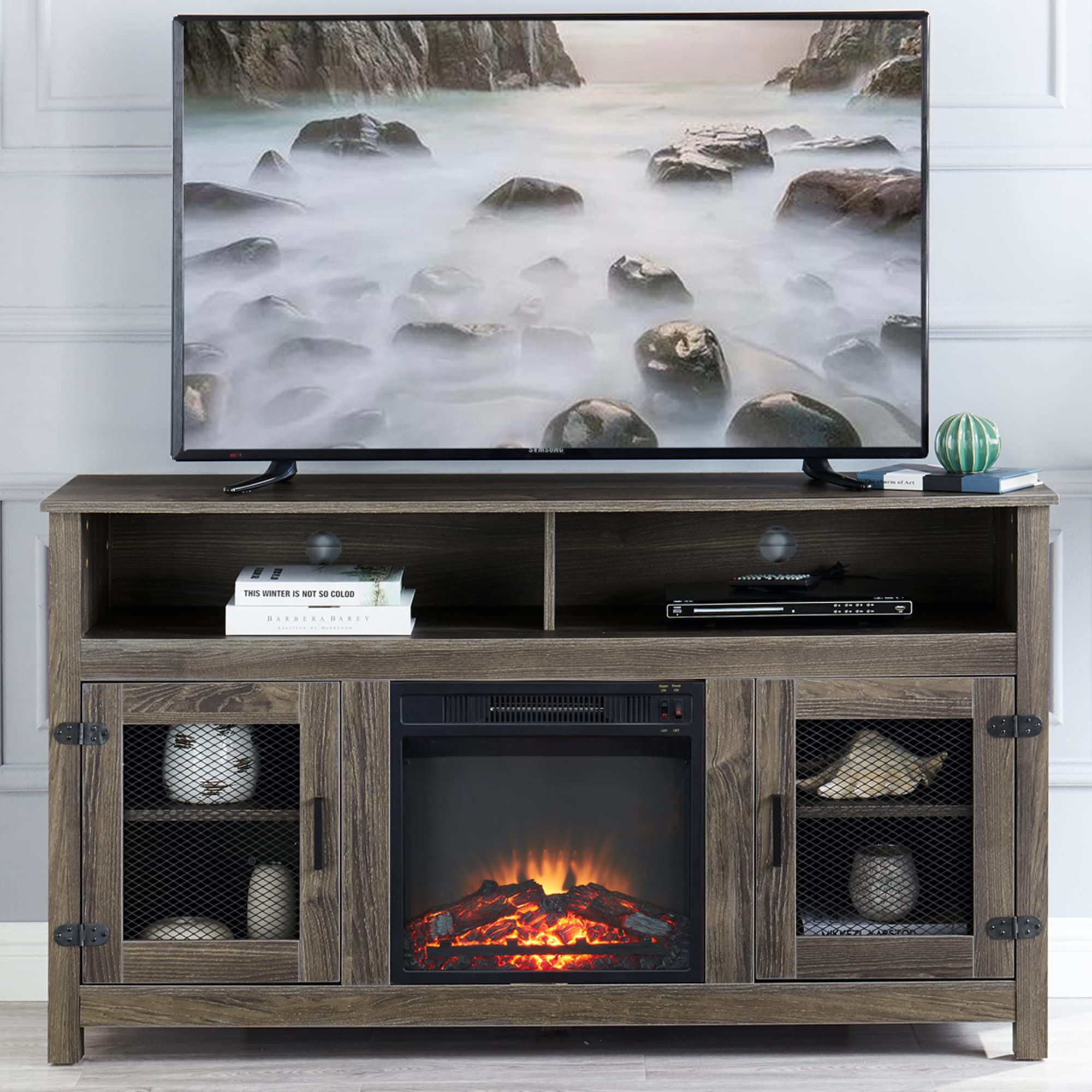 Modern 65" Fireplace TV Stand Farmhouse TV Stand with 23''Electric Fireplace,Storage Cabinet and Adjustable Shelves for Living Room Bedroom(Gray)