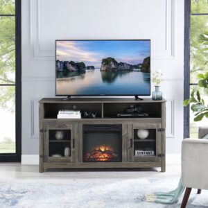 Modern 65" Fireplace TV Stand Farmhouse TV Stand with 23''Electric Fireplace,Storage Cabinet and Adjustable Shelves for Living Room Bedroom(Gray)