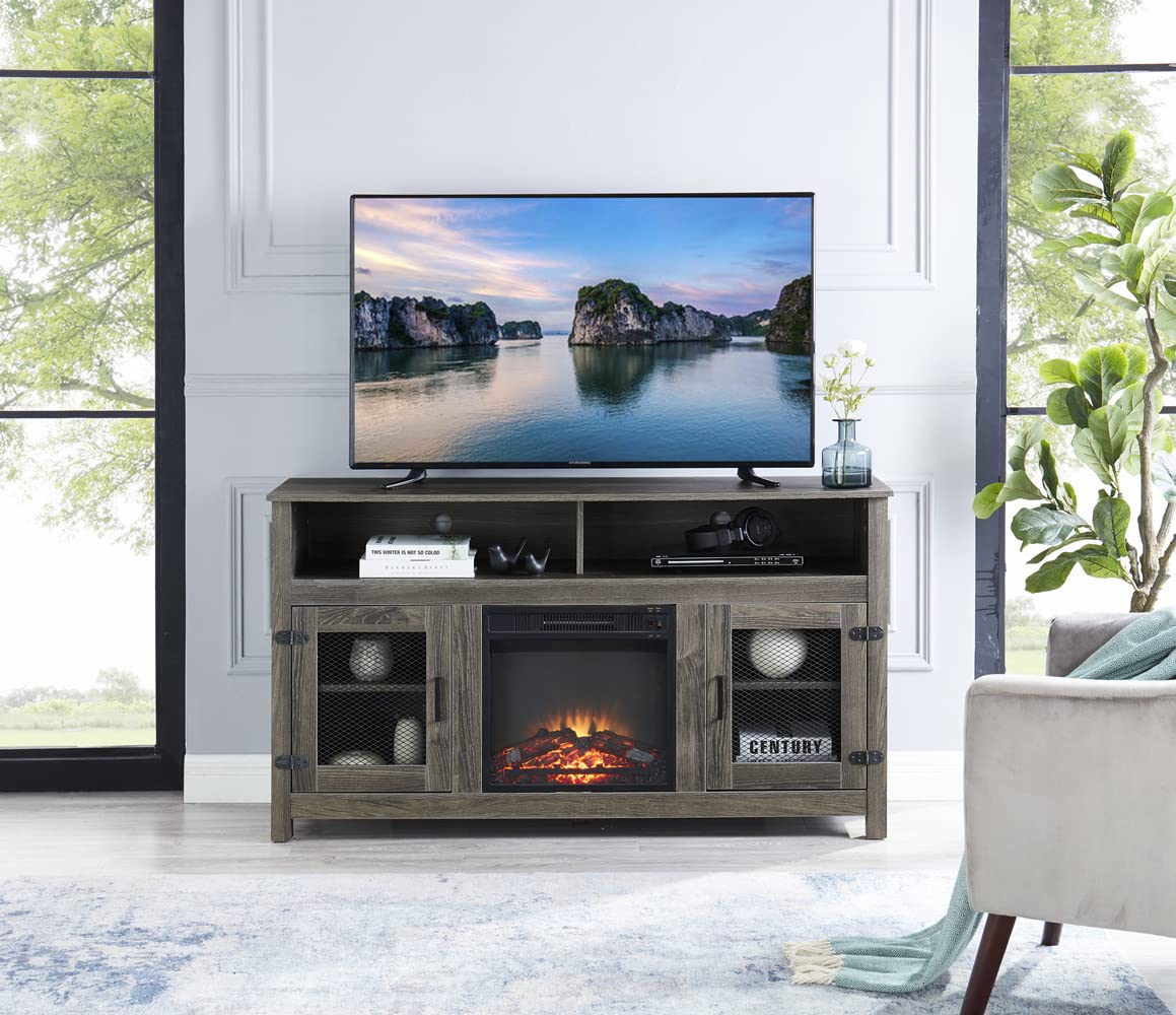 Modern 65" Fireplace TV Stand Farmhouse TV Stand with 23''Electric Fireplace,Storage Cabinet and Adjustable Shelves for Living Room Bedroom(Gray)