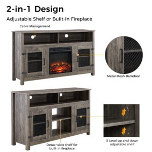 Modern 65" Fireplace TV Stand Farmhouse TV Stand with 23''Electric Fireplace,Storage Cabinet and Adjustable Shelves for Living Room Bedroom(Gray)