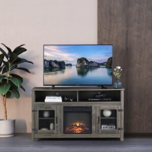 Modern 65" Fireplace TV Stand Farmhouse TV Stand with 23''Electric Fireplace,Storage Cabinet and Adjustable Shelves for Living Room Bedroom(Gray)