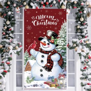 christmas snowman door cover merry christmas door decorations winter snowman backdrop background banner for front door porch xmas party decor supplies (red)