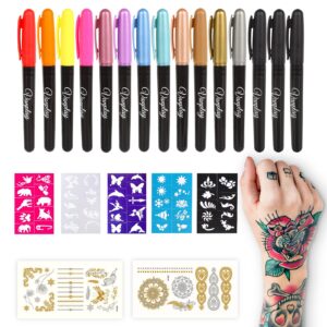 Temporary Tattoo Pen Tattoo Markers Tattoo Kit Face Paint with 15 Tattoo Pens 5 Tattoo Stencils and 2 Tattoos Stickers Gifts for Teenage Girls Boys Adults Easter Halloween Christmas Gifts