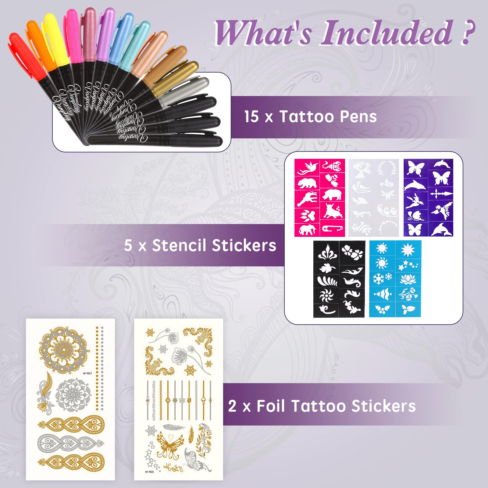 Temporary Tattoo Pen Tattoo Markers Tattoo Kit Face Paint with 15 Tattoo Pens 5 Tattoo Stencils and 2 Tattoos Stickers Gifts for Teenage Girls Boys Adults Easter Halloween Christmas Gifts