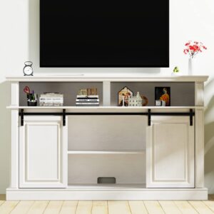 LGHM Fireplace Entertainment Center, White TV Stand for 65 inch with 23'' Electric Fireplace, Highboy Farmhouse Cabinet Sliding Barn Door, Tall Console Living Room, Modern White/Fireplace (502753)