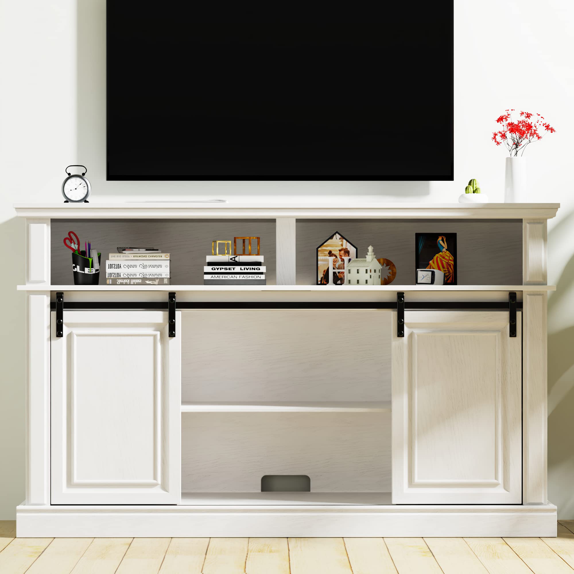 LGHM Fireplace Entertainment Center, White TV Stand for 65 inch with 23'' Electric Fireplace, Highboy Farmhouse Cabinet Sliding Barn Door, Tall Console Living Room, Modern White/Fireplace (502753)