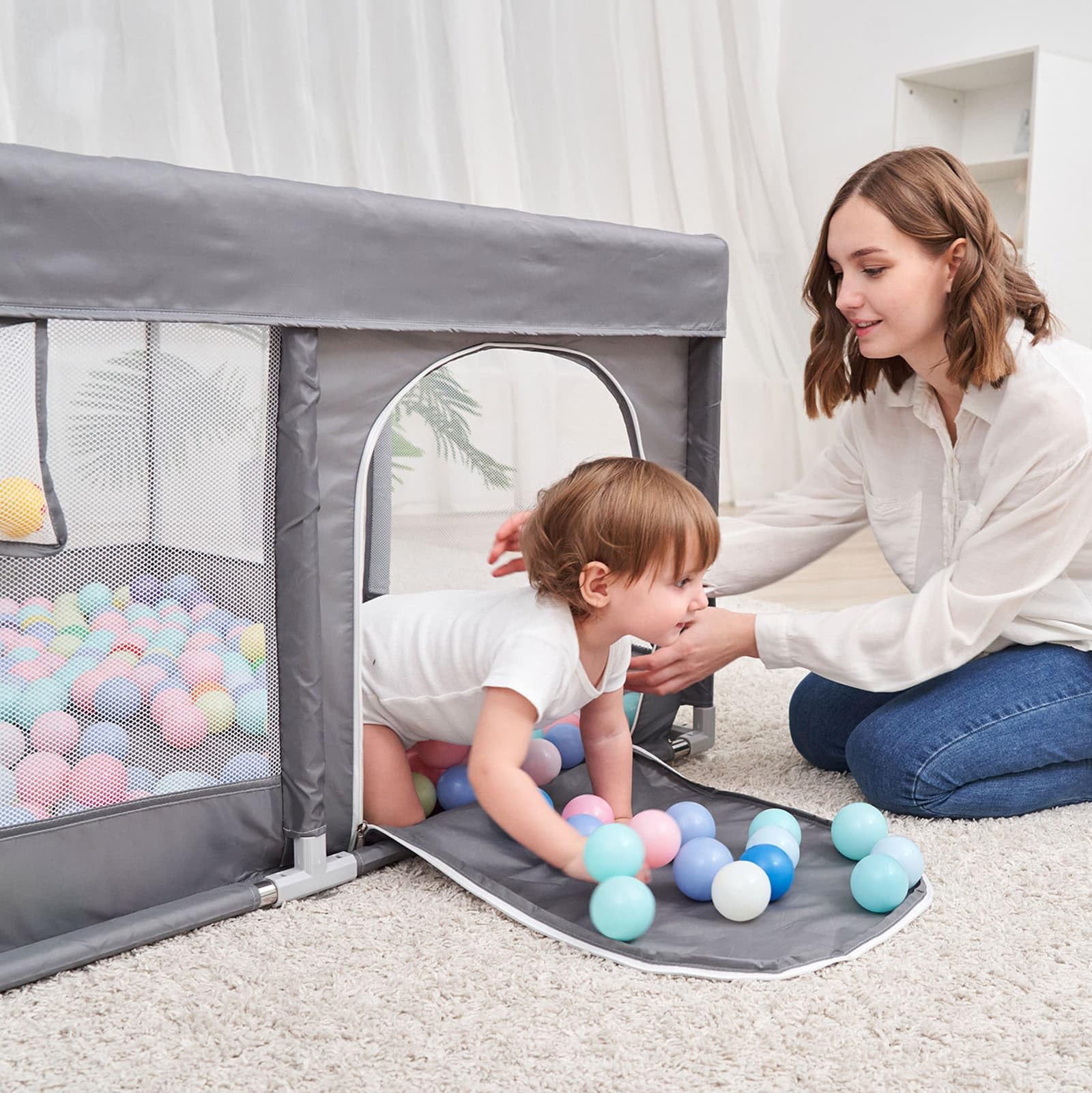 PandaEar Large Playpen for Toddlers, Sturdy Baby Play Yards with Soft Breathable Mesh, Indoor & Outdoor Kids Activity for Infant Safety (50"×50")-Grey