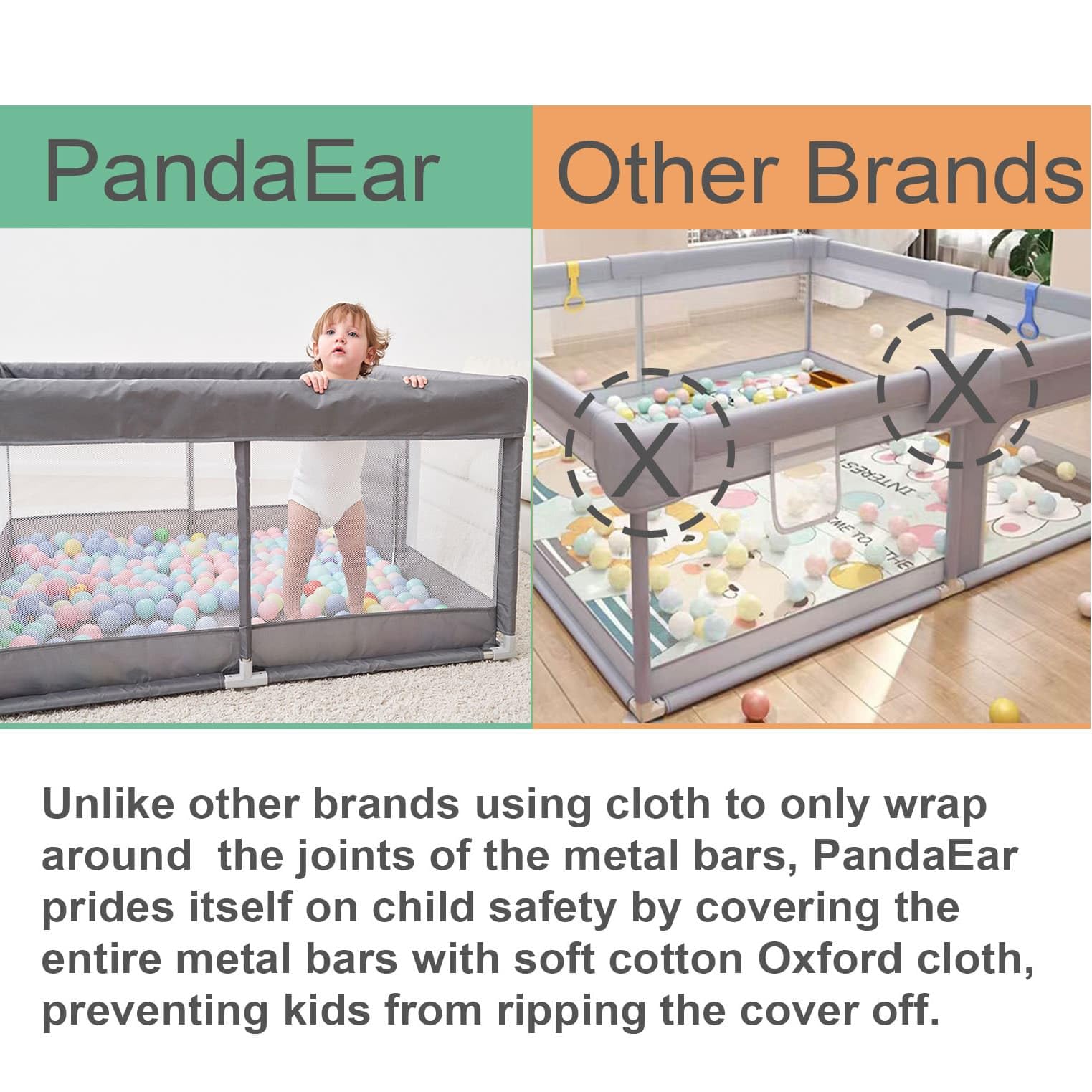 PandaEar Large Playpen for Toddlers, Sturdy Baby Play Yards with Soft Breathable Mesh, Indoor & Outdoor Kids Activity for Infant Safety (50"×50")-Grey