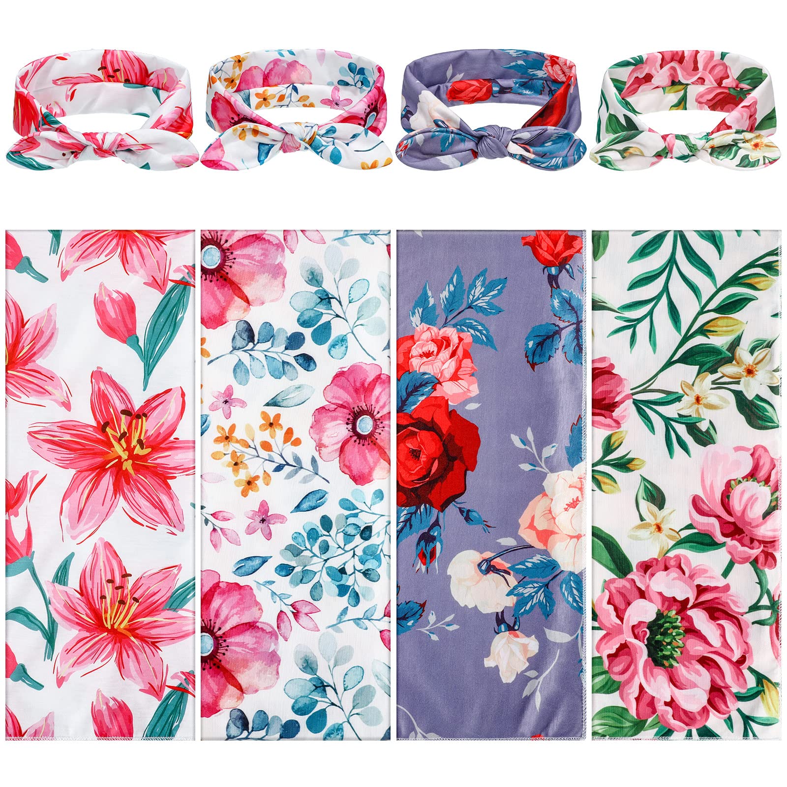 Moukeren 4 Sets Baby Swaddle Newborn Baby Receiving Blankets with Headbands Newborn Floral Printed Swaddle Blanket Infant Swaddle Nursery Swaddling Blankets for Newborn Shower Swaddle Gifts, 4 Design