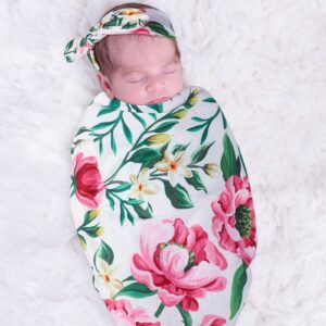 Moukeren 4 Sets Baby Swaddle Newborn Baby Receiving Blankets with Headbands Newborn Floral Printed Swaddle Blanket Infant Swaddle Nursery Swaddling Blankets for Newborn Shower Swaddle Gifts, 4 Design