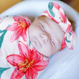 Moukeren 4 Sets Baby Swaddle Newborn Baby Receiving Blankets with Headbands Newborn Floral Printed Swaddle Blanket Infant Swaddle Nursery Swaddling Blankets for Newborn Shower Swaddle Gifts, 4 Design