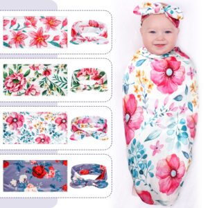 Moukeren 4 Sets Baby Swaddle Newborn Baby Receiving Blankets with Headbands Newborn Floral Printed Swaddle Blanket Infant Swaddle Nursery Swaddling Blankets for Newborn Shower Swaddle Gifts, 4 Design