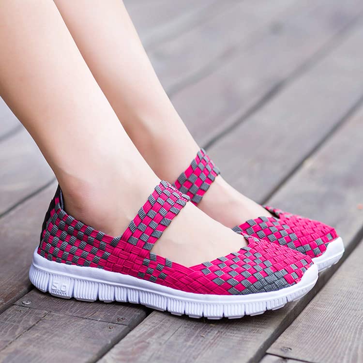 Women Elastic Woven Walking Shoes Flats Sandals,Comfy Casual Non Slip Lightweight Breathable Mary Jane Sneakers Nurse Shoes (10,Red,10)