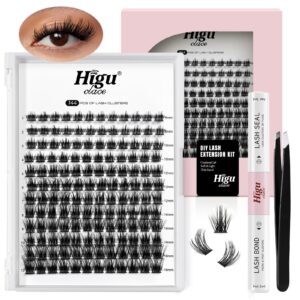 higu clace diy eyelash extension kit, 144pcs d curl lash clusters, 8-16mm softy cluster lashes, with lash bond and seal, lash tweezers, reusable fluffy cluster eyelash extension kit(r-08 kit)