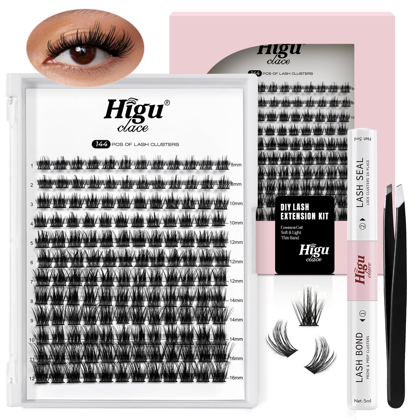 Higu clace DIY Eyelash Extension Kit, 144pcs D Curl Lash Clusters, 8-16mm Softy Cluster Lashes, with Lash Bond and Seal, Lash Tweezers, Reusable Fluffy Cluster Eyelash Extension Kit(R-08 Kit)