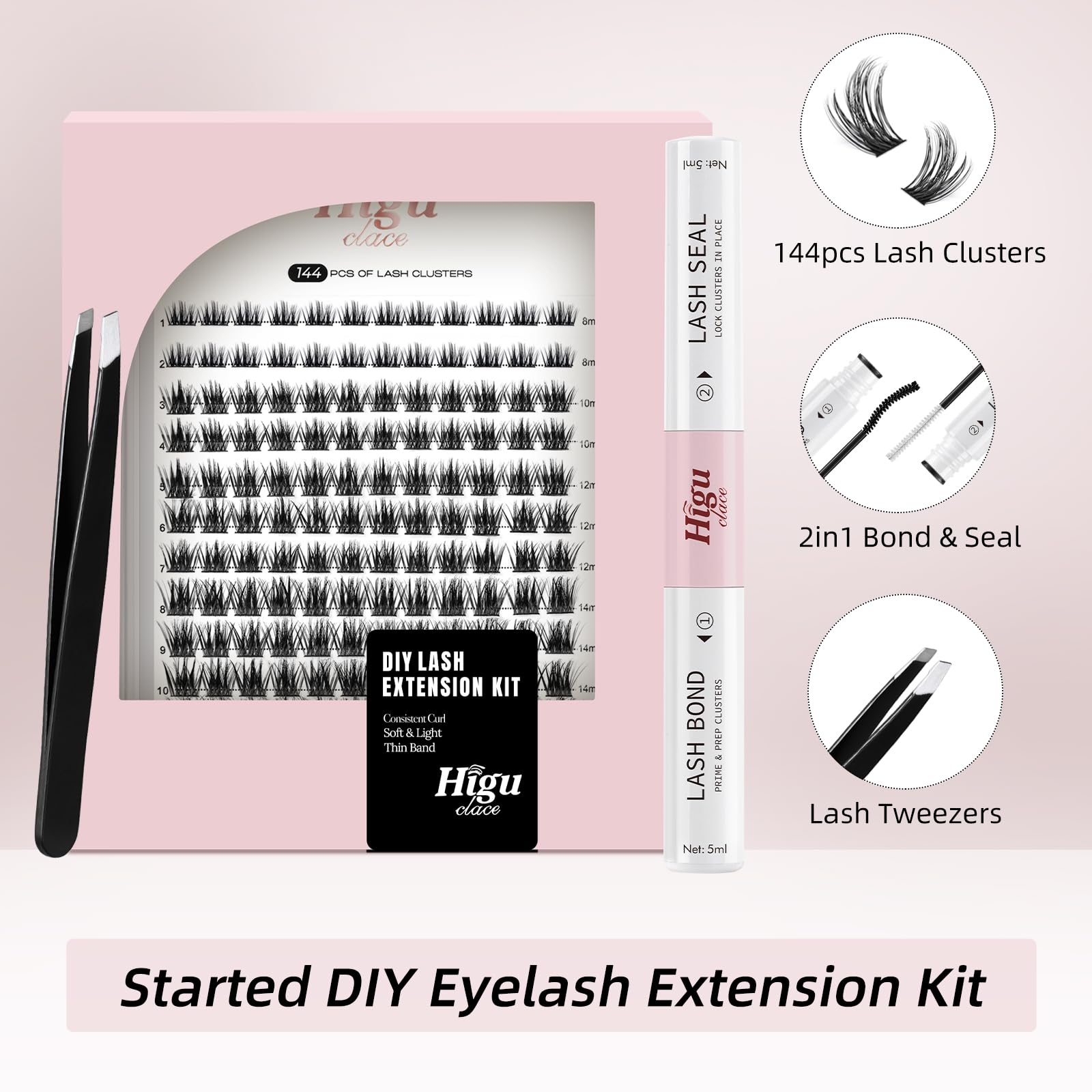 Higu clace DIY Eyelash Extension Kit, 144pcs D Curl Lash Clusters, 8-16mm Softy Cluster Lashes, with Lash Bond and Seal, Lash Tweezers, Reusable Fluffy Cluster Eyelash Extension Kit(R-08 Kit)