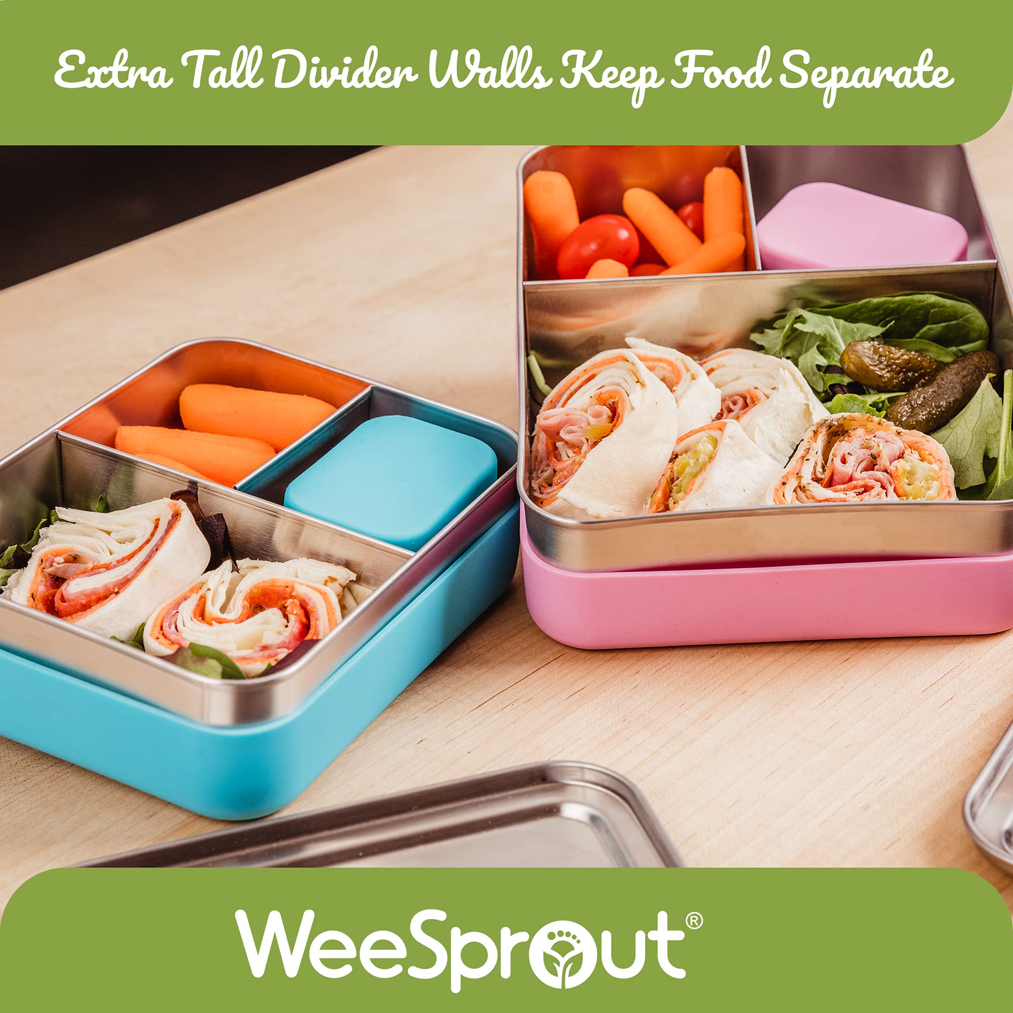 WeeSprout 18/8 Stainless Steel Bento Box (Compact Lunch Box) - 3 Compartment Metal Lunch Containers, for Kids & Adults, Bonus Dip Container, Fits in Lunch Bag & Backpack