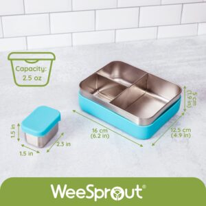 WeeSprout 18/8 Stainless Steel Bento Box (Compact Lunch Box) - 3 Compartment Metal Lunch Containers, for Kids & Adults, Bonus Dip Container, Fits in Lunch Bag & Backpack