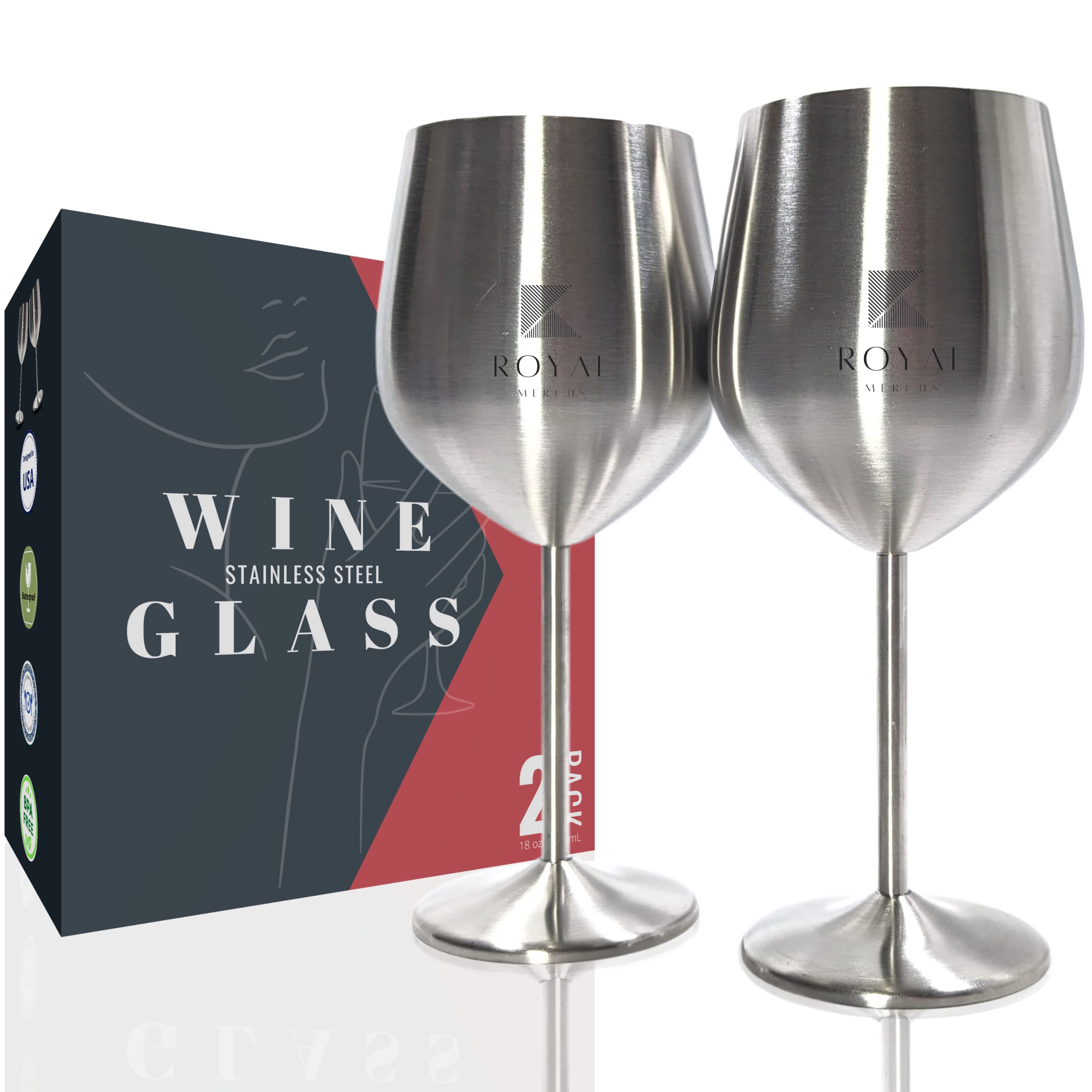 Royal Merchs Stainless Steel Wine Glass 2 pack - Matte Stainless Steel Wine Glasses - Silver Wine Glasses - Metal Wine Glass - Wine Glass Stainless Steel - Stainless Steel Wine Glass Duce