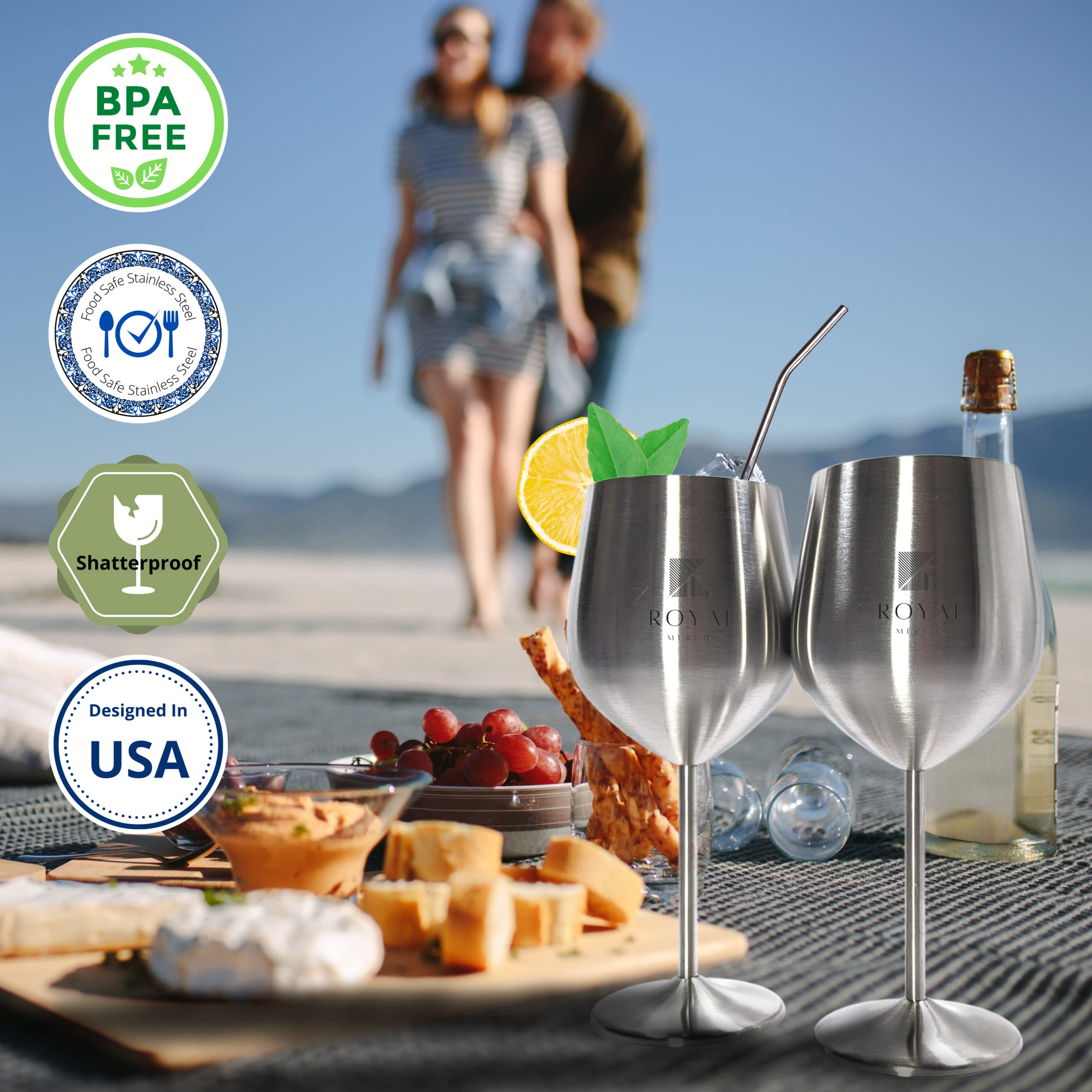 Royal Merchs Stainless Steel Wine Glass 2 pack - Matte Stainless Steel Wine Glasses - Silver Wine Glasses - Metal Wine Glass - Wine Glass Stainless Steel - Stainless Steel Wine Glass Duce