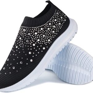 Women's Crystal Sock Sneakers Slip-on Comfy Athletic Running Walking Gym Shoes (Black,9)