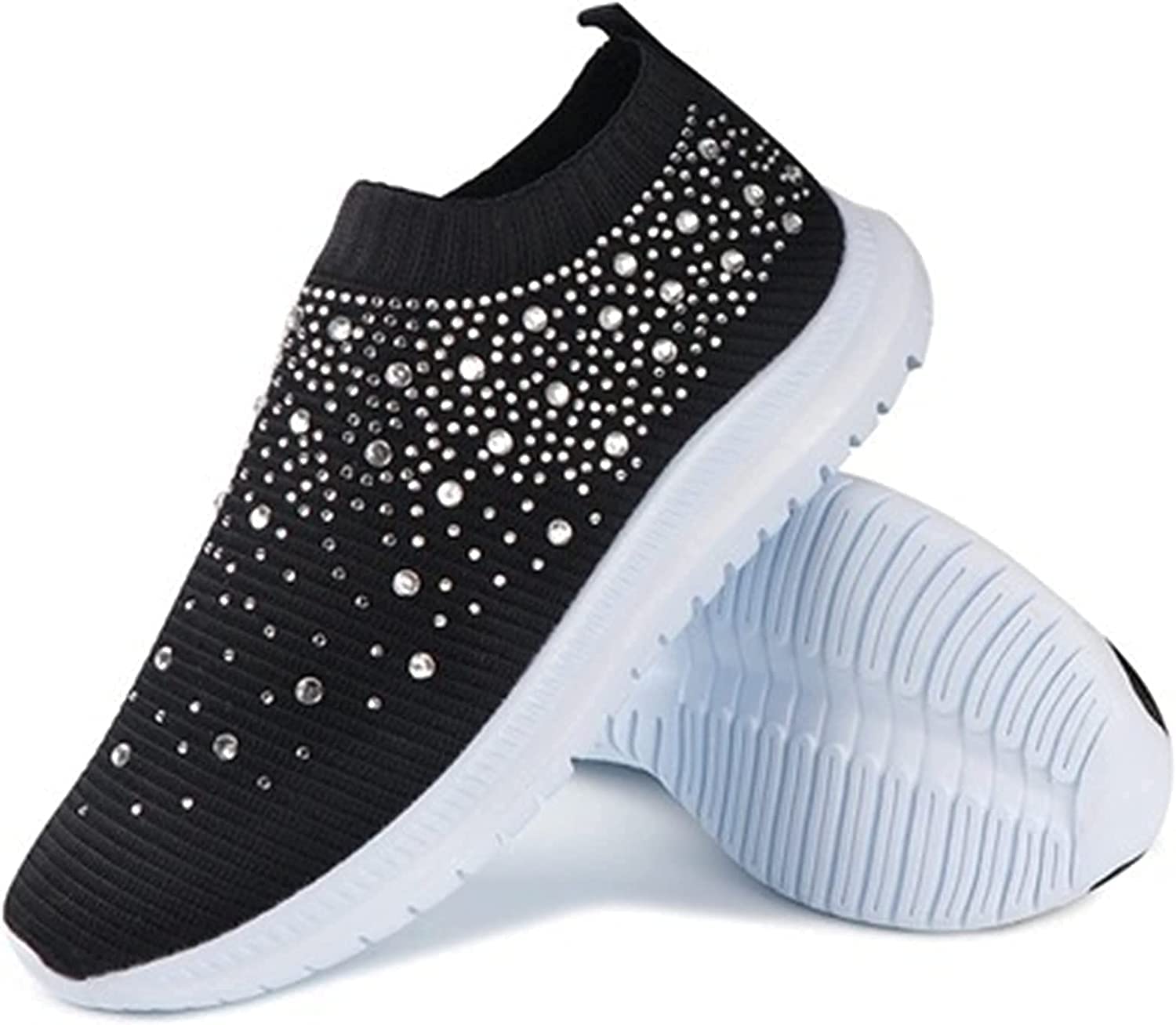 Women's Crystal Sock Sneakers Slip-on Comfy Athletic Running Walking Gym Shoes (Black,9)