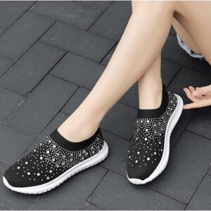 Women's Crystal Sock Sneakers Slip-on Comfy Athletic Running Walking Gym Shoes (Black,9)