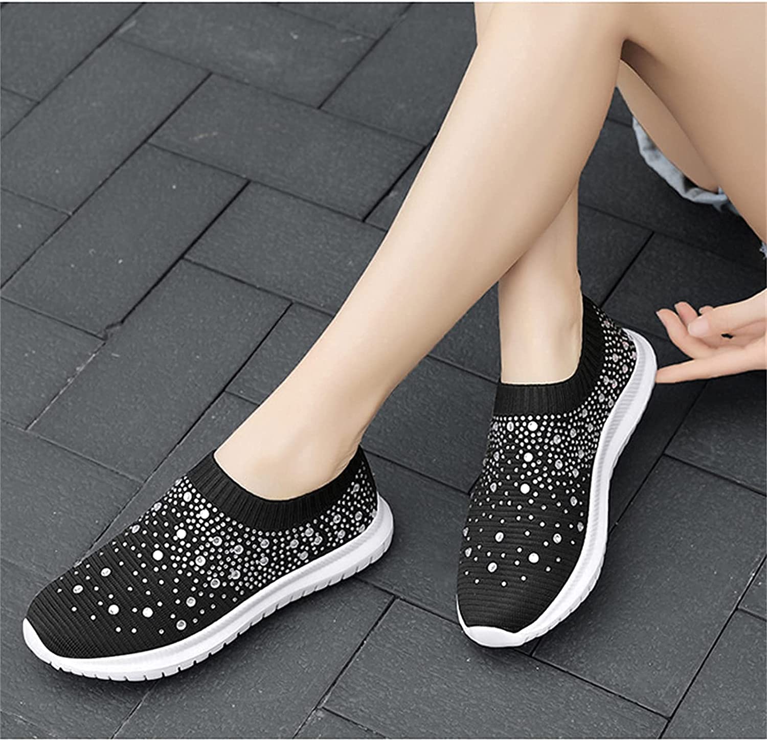 Women's Crystal Sock Sneakers Slip-on Comfy Athletic Running Walking Gym Shoes (Black,9)