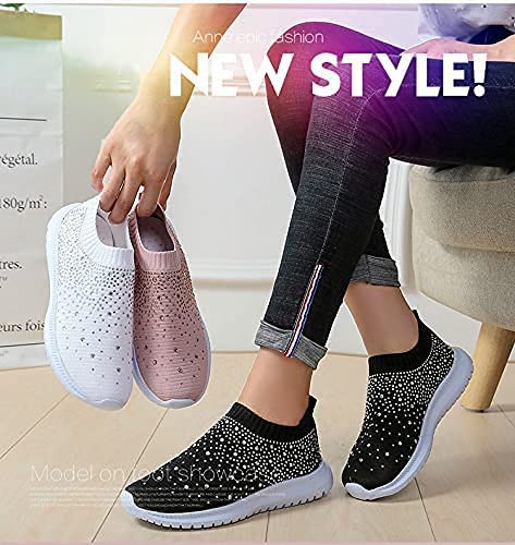 Women's Crystal Sock Sneakers Slip-on Comfy Athletic Running Walking Gym Shoes (Black,9)