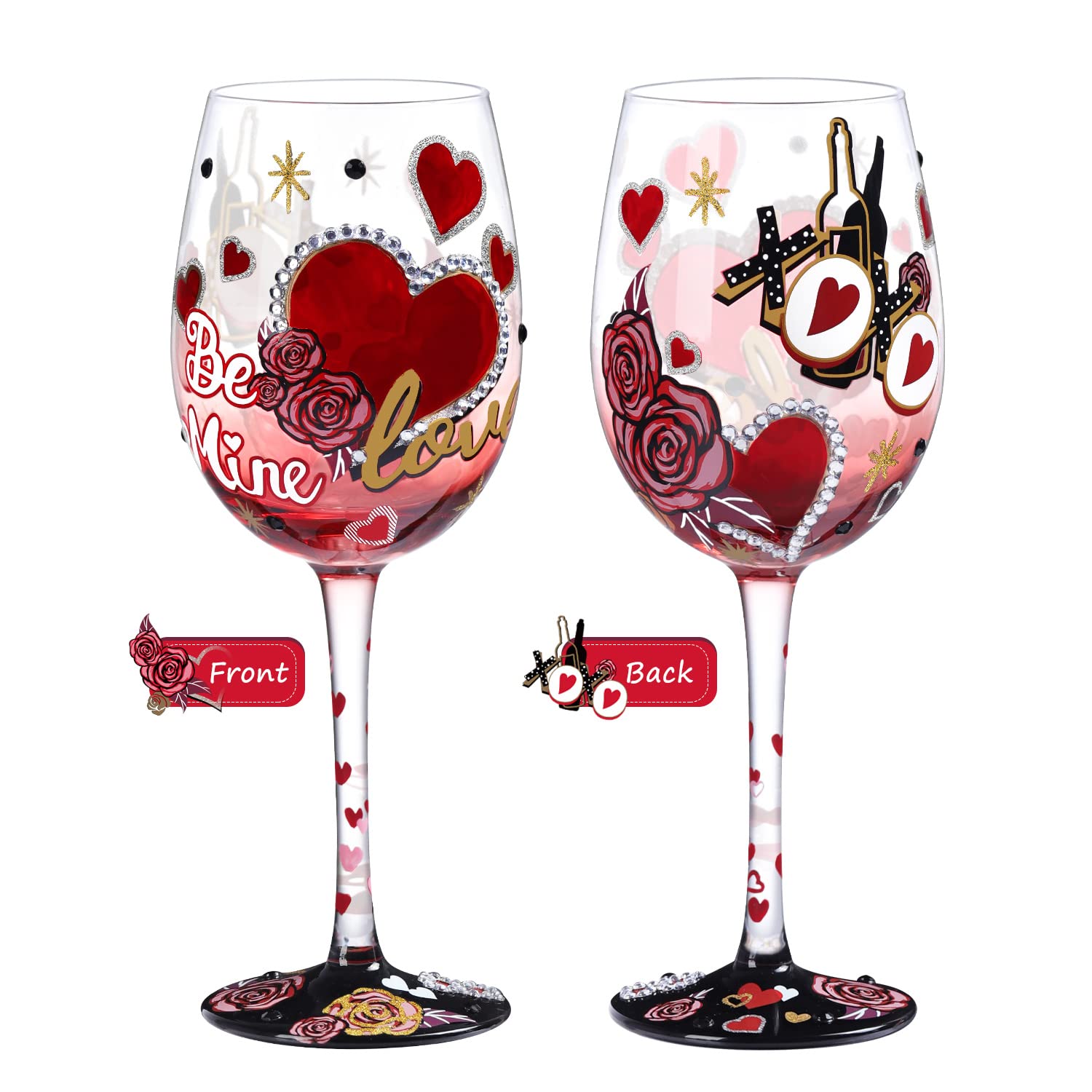 NymphFable Hand Painted Wine Glass Rose Heart Wine Glass for Her Wedding Anniversary Birthday Gift,15oz