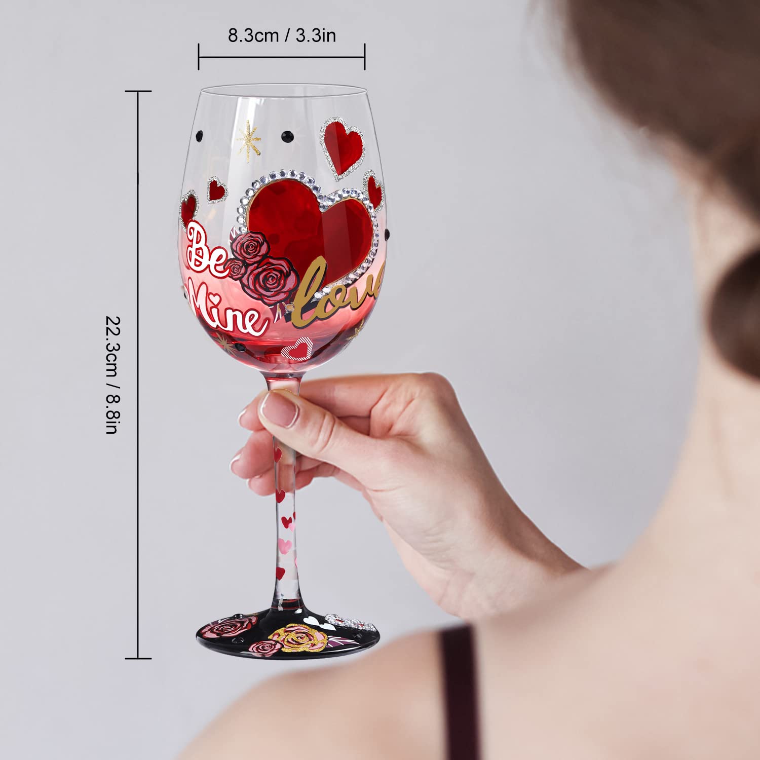 NymphFable Hand Painted Wine Glass Rose Heart Wine Glass for Her Wedding Anniversary Birthday Gift,15oz