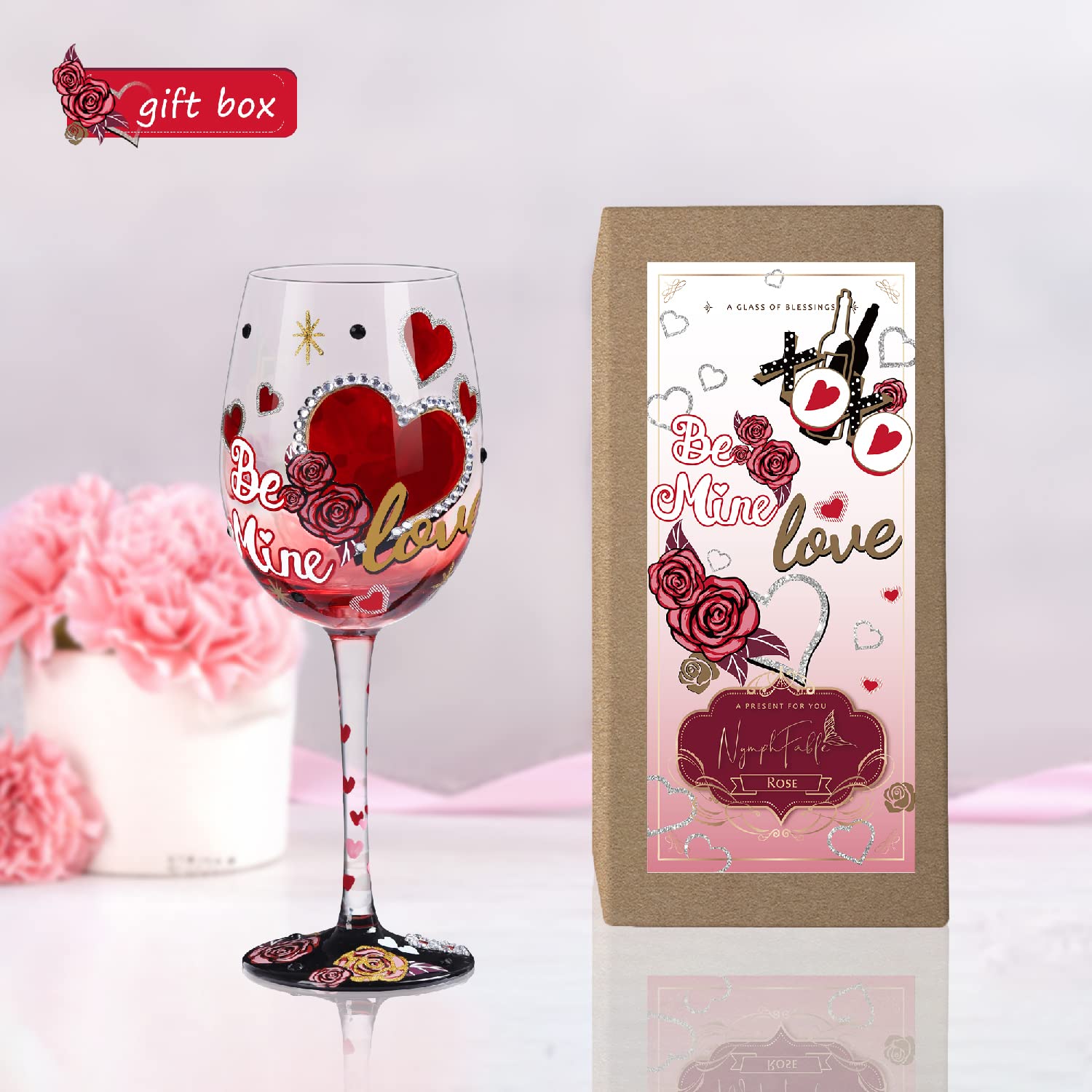 NymphFable Hand Painted Wine Glass Rose Heart Wine Glass for Her Wedding Anniversary Birthday Gift,15oz