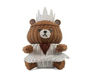 g6 collection bear rattan storage basket with lid decorative bin home decor hand woven shelf organizer cute handmade handcrafted gift art decoration artwork wicker (princess bear)