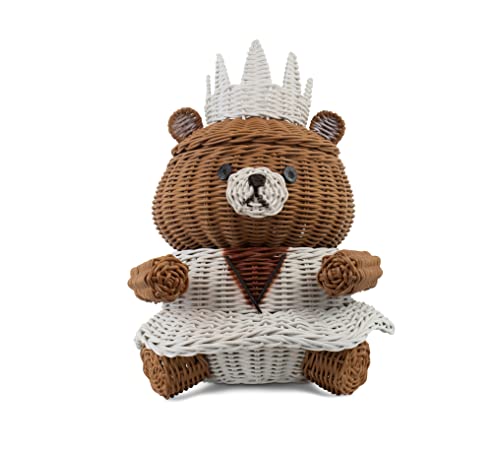 G6 COLLECTION Bear Rattan Storage Basket with Lid Decorative Bin Home Decor Hand Woven Shelf Organizer Cute Handmade Handcrafted Gift Art Decoration Artwork Wicker (Princess Bear)