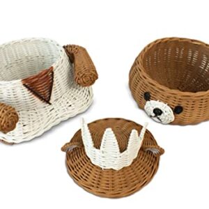 G6 COLLECTION Bear Rattan Storage Basket with Lid Decorative Bin Home Decor Hand Woven Shelf Organizer Cute Handmade Handcrafted Gift Art Decoration Artwork Wicker (Princess Bear)