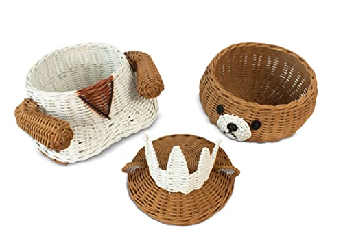 G6 COLLECTION Bear Rattan Storage Basket with Lid Decorative Bin Home Decor Hand Woven Shelf Organizer Cute Handmade Handcrafted Gift Art Decoration Artwork Wicker (Princess Bear)