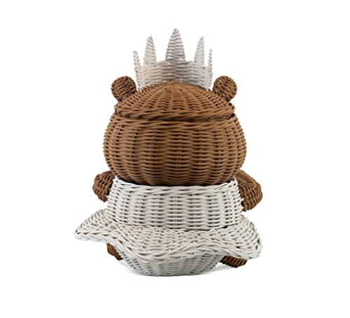 G6 COLLECTION Bear Rattan Storage Basket with Lid Decorative Bin Home Decor Hand Woven Shelf Organizer Cute Handmade Handcrafted Gift Art Decoration Artwork Wicker (Princess Bear)