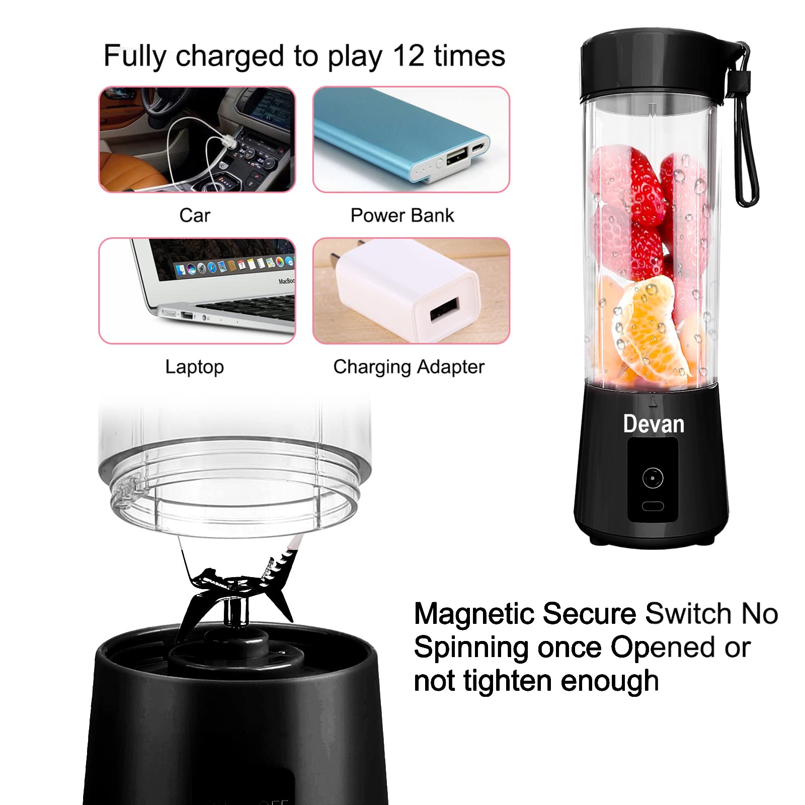 Portable Blender Smoothies Personal Blender Mini Shakes Juicer Cup USB Rechargeable 14oz. (Black)