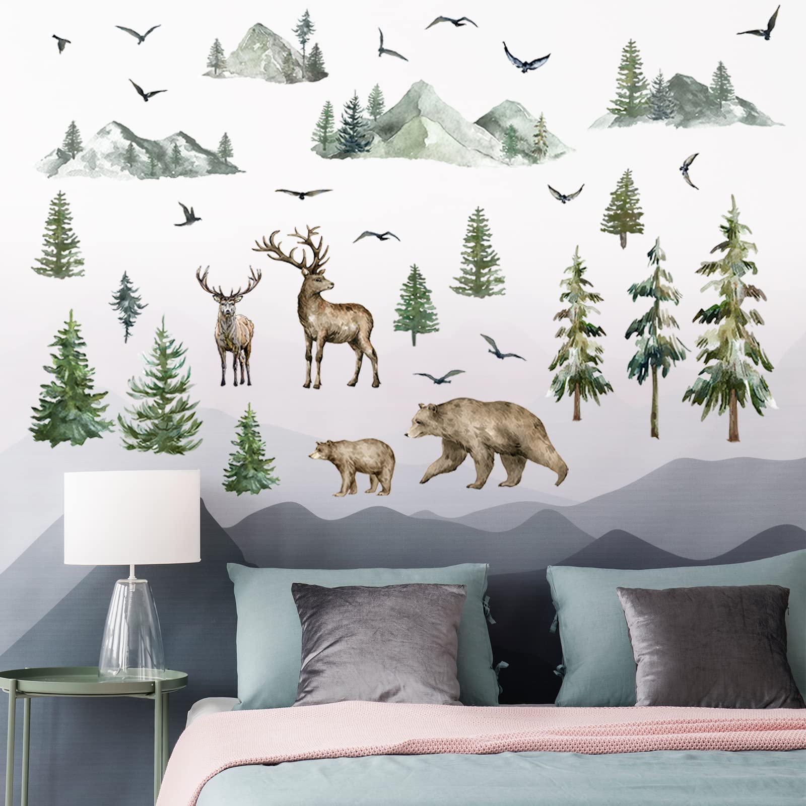Mountain Wall Decals Large Pine Tree Wall Decals Peel and Stick Forest Tree Deer Birds Animal Wall Decals Mountain Tree Wall Stickers for Kids Room Nursery Decor