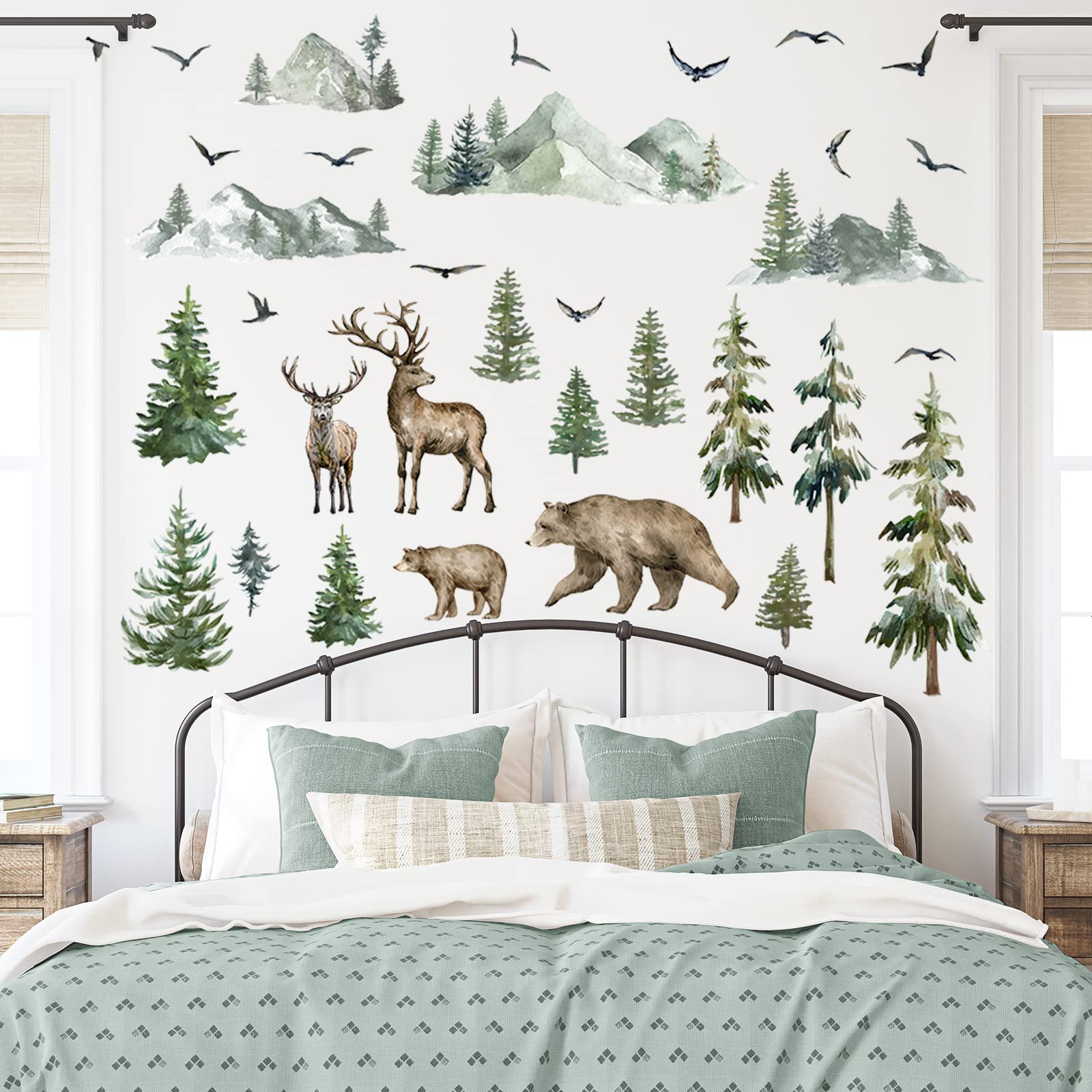 Mountain Wall Decals Large Pine Tree Wall Decals Peel and Stick Forest Tree Deer Birds Animal Wall Decals Mountain Tree Wall Stickers for Kids Room Nursery Decor