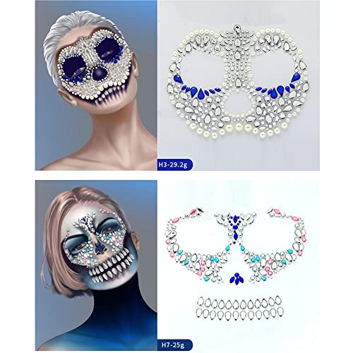 Halloween Face Jewels Gem, 4 Sets Sugar Skull Halloween Face Tattoos Stickers Self-Adhesive Stick on Crystal Rhinestones Rave Face Jewels for Halloween Party Festival Accessories Makeup Kits