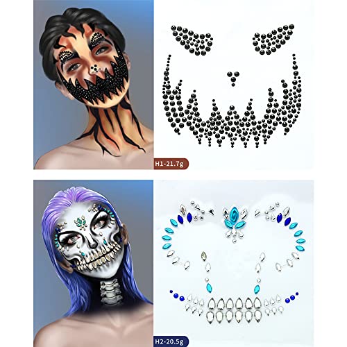 Halloween Face Jewels Gem, 4 Sets Sugar Skull Halloween Face Tattoos Stickers Self-Adhesive Stick on Crystal Rhinestones Rave Face Jewels for Halloween Party Festival Accessories Makeup Kits