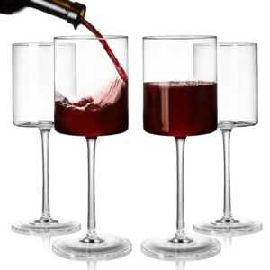hiceeden 4 pack 15 oz square red wine long stemmed glasses, modern goblet champagne flutes glasses, crystal clear white wine stemware for party, dinner, banquet, wedding, housewarming gift