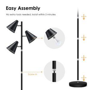 BoostArea Torchiere Floor Lamp,White Standing Tall Pole Lamp,3pcs 9W LED Tree Floor Lamp,3-Color Temperature,Adjustable Metal Shades,3 Independent Switch,Industrial Floor Lamp for Living Room,Bedroom