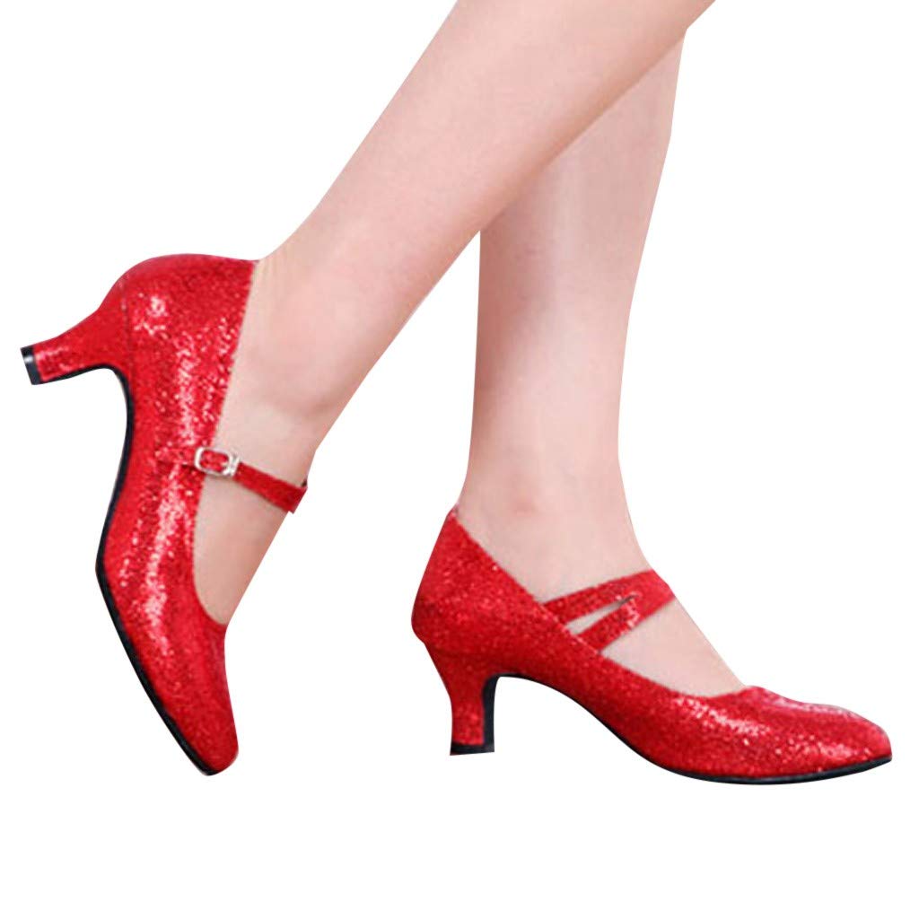 Mid-High Heels Glitter Dance Shoes Women Ballroom Latin Tango Dance Shoes Dance Heel (Red, 6)